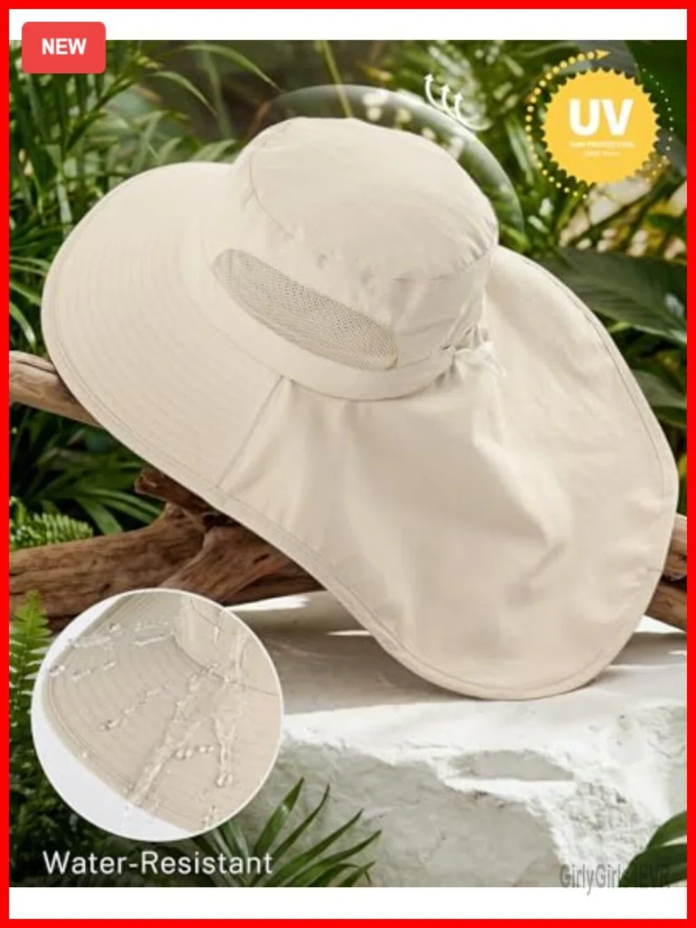 Wide Brim Bucket Hat with Ponytail Hole & Neck Cover, Upf 50+